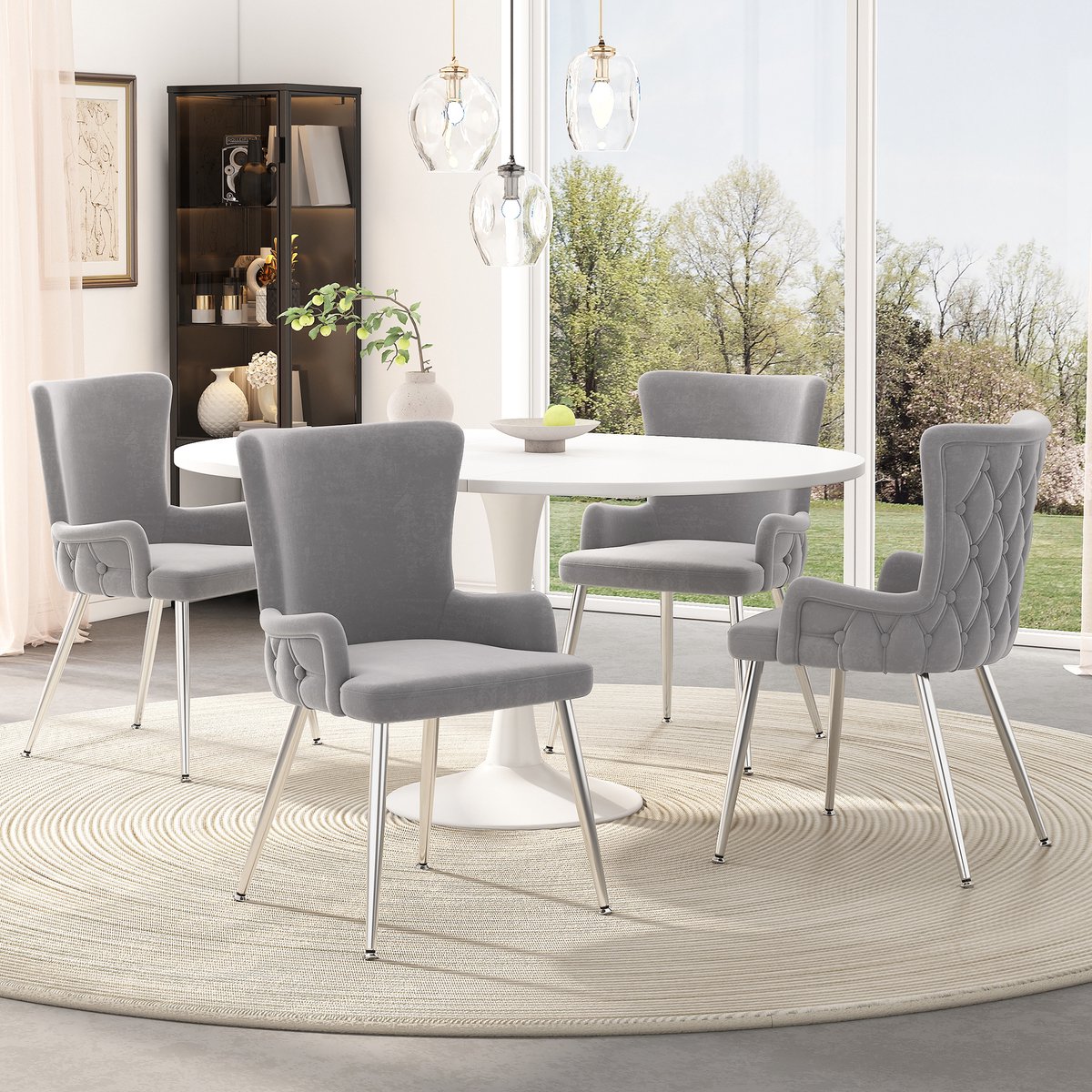 COVREO Eetkamerstoel 85 cm - velvet, armleuningen, metalen poten, grijs, set van 4