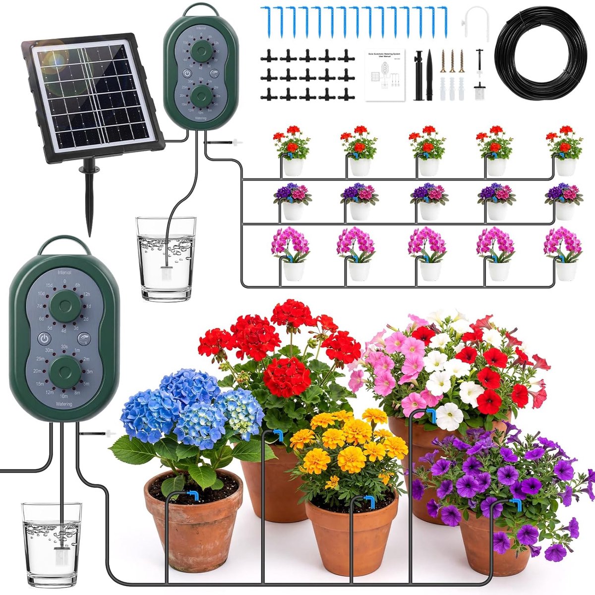 SnelShoppen - Automatisch Bewateringssysteem op Zonne-energie voor Tuin en Potplanten, Irrigatiesysteem met Timer en 15 Druppelaars, Duurzaam en Gebru