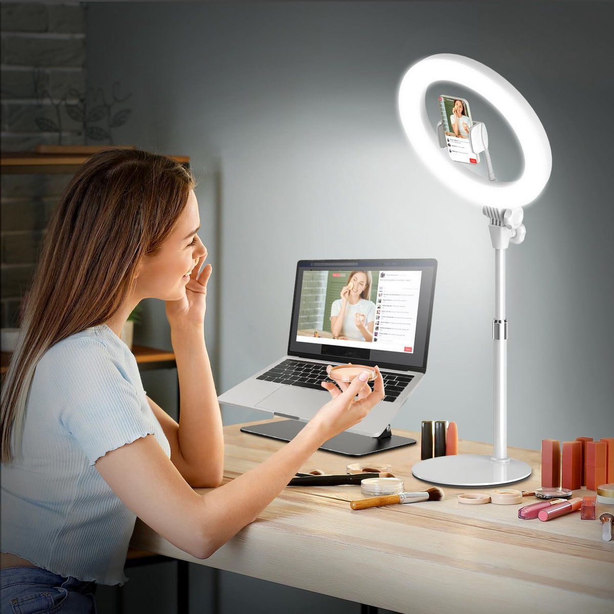SnelShoppen - Ringlamp met Statief 10,5 Inch LED Ringlicht voor Mobiele Telefoon, Streaming, Videoconferentie, 3 Lichtkleuren, 10 Lichtsterktes, 360 G