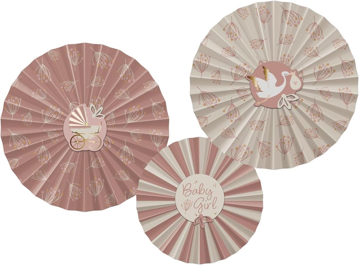 SnelShoppen - Decoratieve Fan-Set Babyshower - 3 Stuks Roze en Wit voor Baby Girl - Bloeiende Decoratie voor Feest, Geboorte en Verjaardag