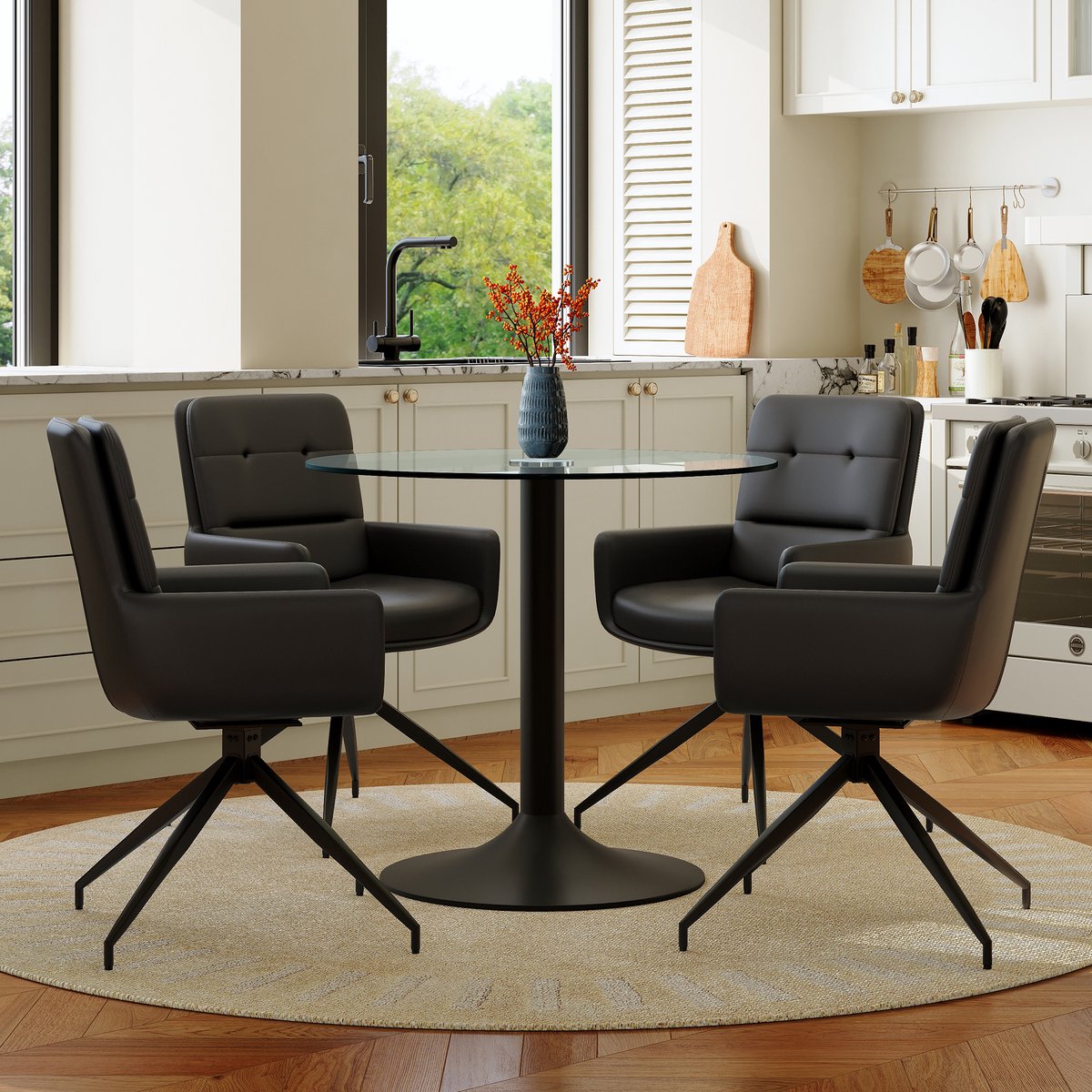 MEUNIQ ronde eettafel met 4 draaibare eetkamerstoelen, gehard glazen tafelblad 85 cm, zwarte metalen voet, PU stoelen met armleuningen, eetkamer set
