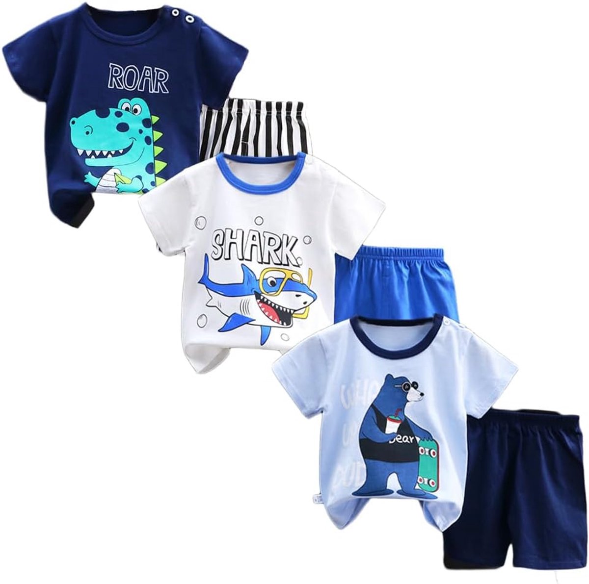 SnelShoppen - Baby jongens 3-delige set korte mouwen T-shirts en shorts - 100% katoen - Verpakking van 6 - Comfortable en ademend - Voor 3 maanden tot