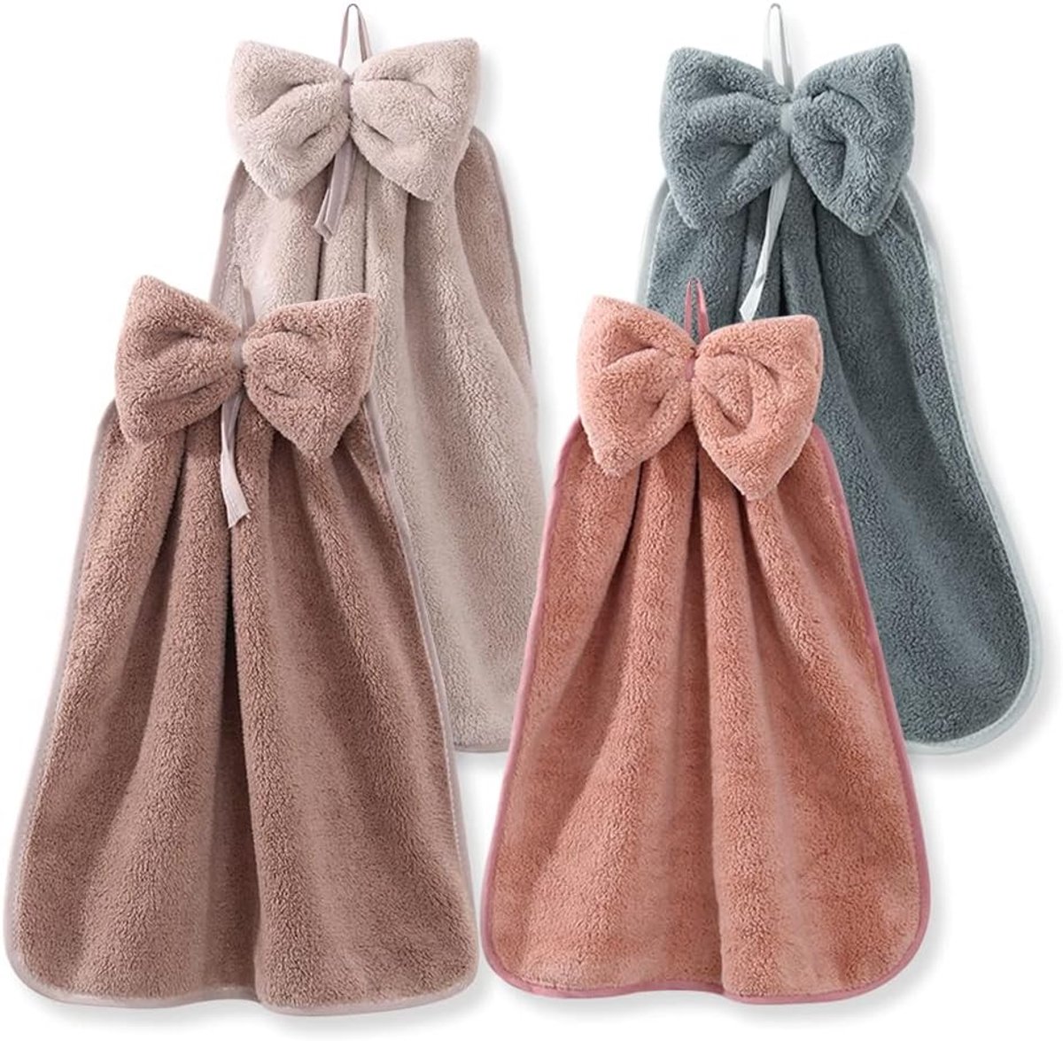 SnelShoppen - 4 Stuks Handdoeken met Strik, Microvezel Koraalfluwelen Keuken- en Badkamerhanddoeken, Superzacht, Absorberend, Geschikt voor Kinderen e
