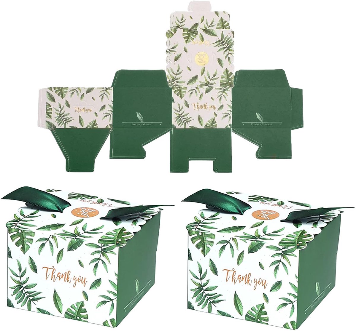 SnelShoppen - 50 Stuks Snoepdozen van Papier met Lint, Groene Geschenkdozen 6,5x6,5x4,5 cm voor Bruiloft, Verjaardag, Kerstmis, Feesten, Traktaties