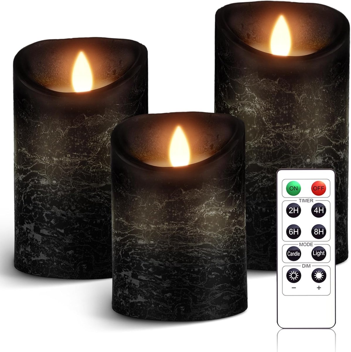 SnelShoppen - Set van 3 Zwarte LED Kaarsen op Batterijen met Afstandsbediening, Vlamloze Echte Wax Flikkerende Kaarsen met Ambergele Licht voor Feest,