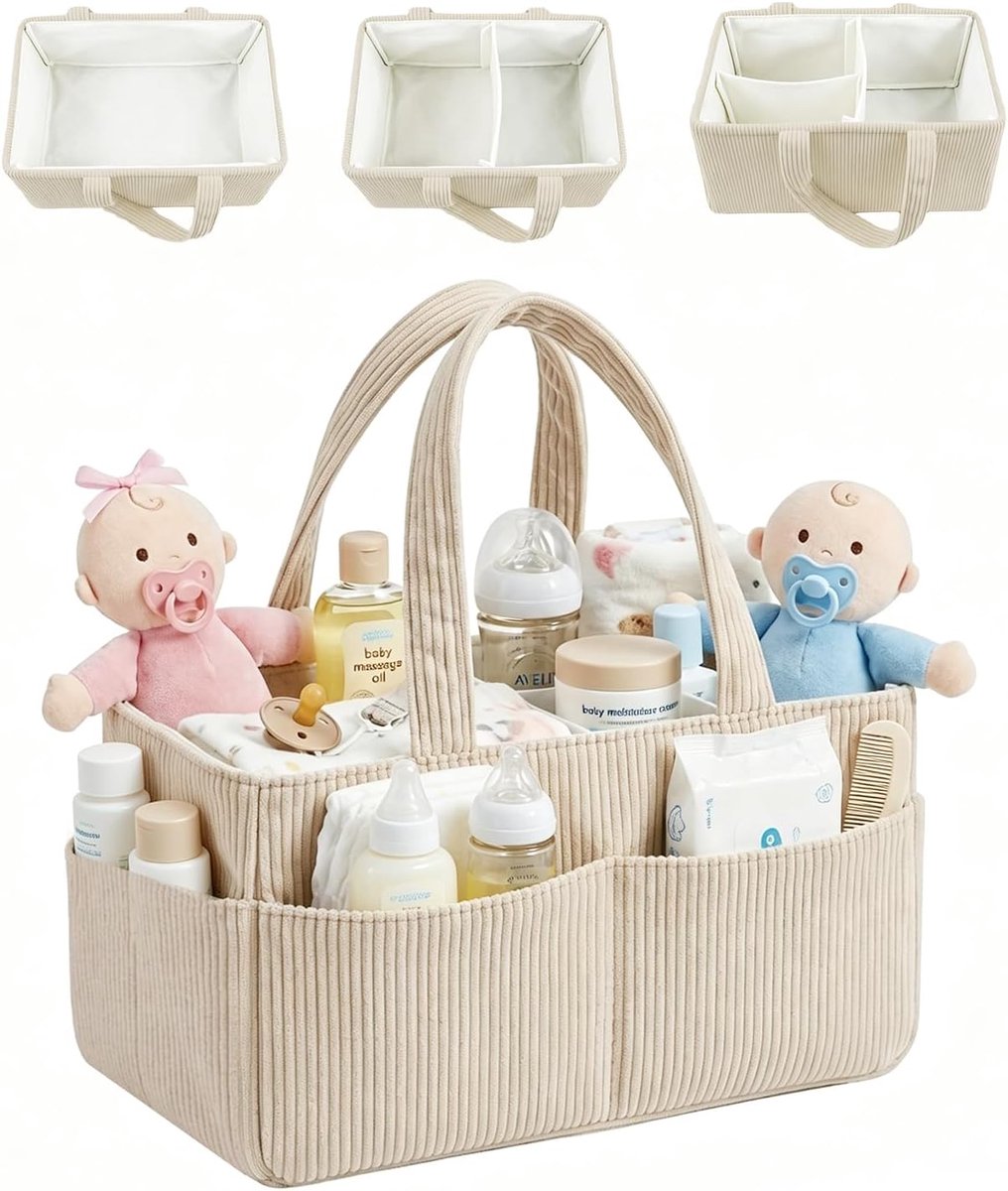 SnelShoppen - Generisch Luiermand Corduroy Beige 18x23x36 cm - Luierorganizer voor Luiers, Vochtige Doekjes en Babyartikelen - Perfect Babycadeau en O