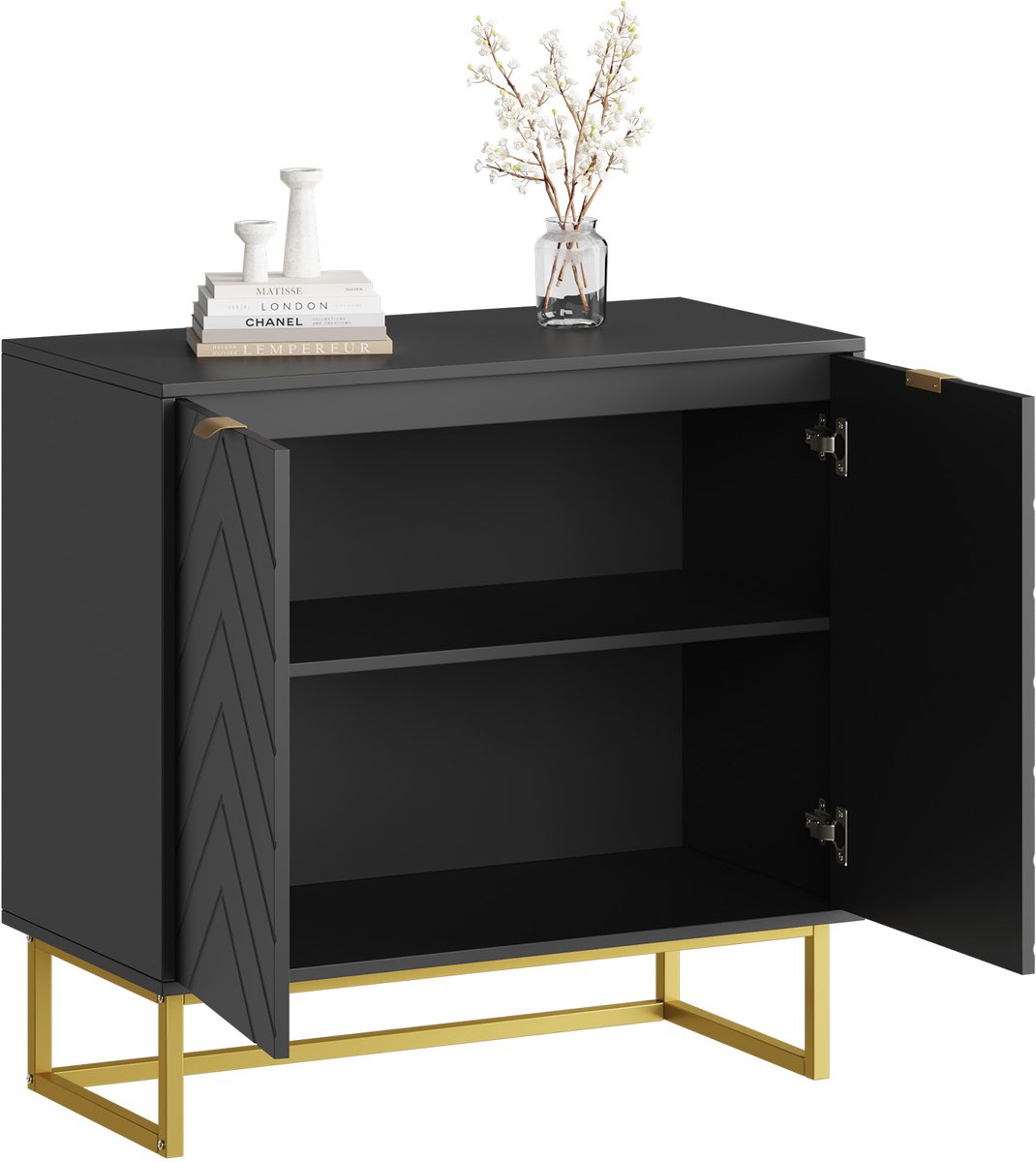 Modern Visgraat Dressoir met 2 Deuren - Goudkleurige Metalen Poten - Opberg Buffetkast voor Eetkamer Woonkamer hal - Zwart - 80x40x77,5cm
