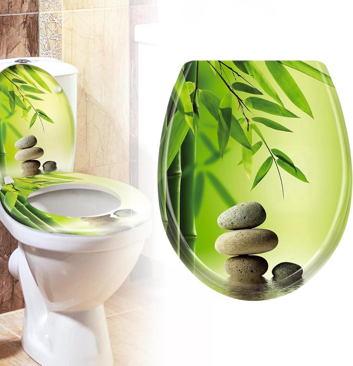Toiletdeksel - WC bril - Badkamer vernieuwen - Softclose mechanisme - 45.5x38cm - Bamboe steenkunst