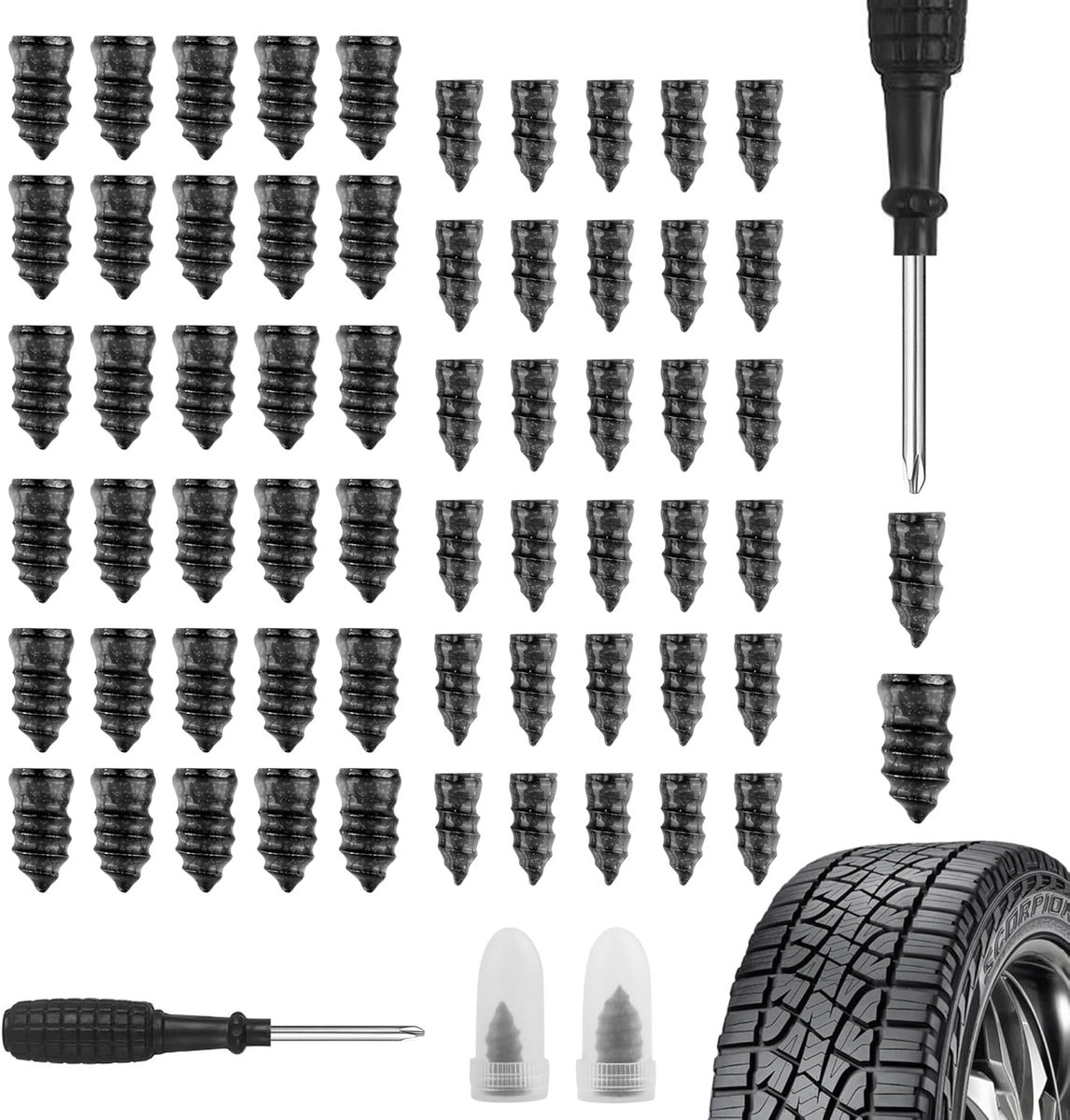 SnelShoppen - Reparatieset Autobanden met 60 Reparaties, Schroevendraaier, Snelle Reparatie voor Kleine Gaten, Auto-accessoires, Rubber, Staal, Zwart,