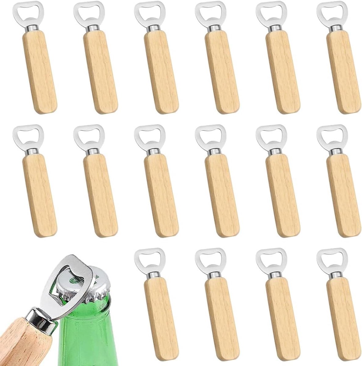 SnelShoppen - Houten Flessenopener - Draagbare en Graverenbare Flessenopener - Roestvrijstalen Bieropener met Ergonomisch Houten Handvat - 16 Stuks vo