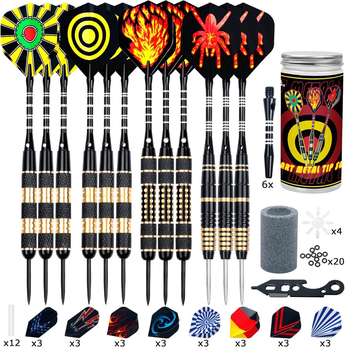 SnelShoppen - 12 Professionele Darts Met Stalen Tip, 20/24/26g, Aluminium Schachten, Vliegers, Potloodslijper, Multifunctioneel Darts Gereedschap