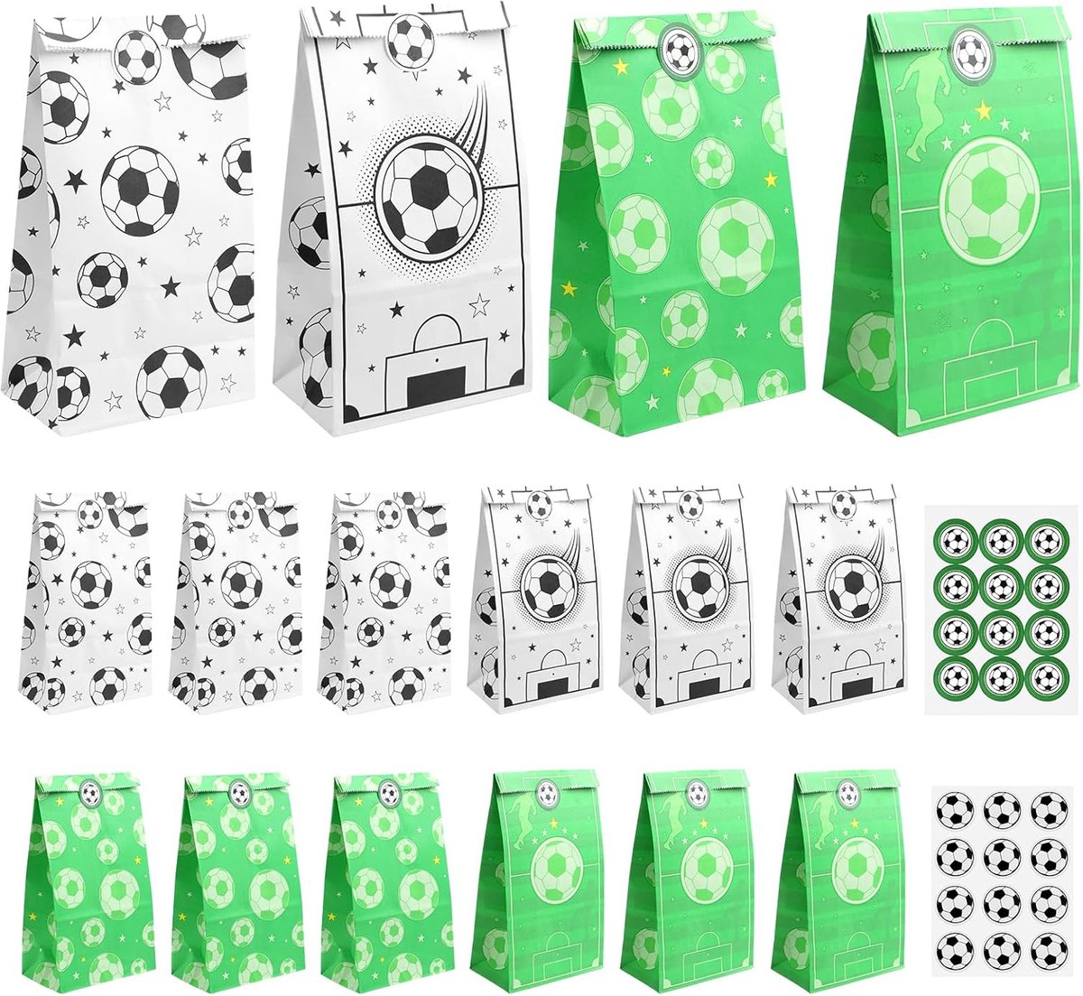 SnelShoppen - 24 Stuks Voetbal Cadeaupapier Zakjes 12x7x22 cm | Opvouwbare Papieren Zakjes met 24 Stickers voor Kinderverjaardag, Feest en Voetbal WK