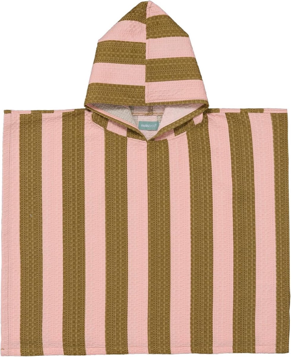 SnelShoppen - Kinderen Bad Poncho met Kap, Lichtgewicht en Compact Badjas voor Kinderen, 100% Katoen, Khaki & Roze Strepen, Ideaal voor Strand, Zwemba