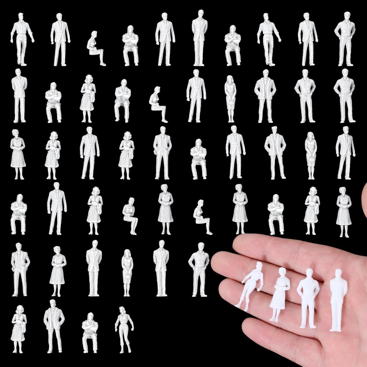 SnelShoppen - 50Pcs Mini Figuren Ungeverfd - Miniatuur Mensen voor Architecturale Scènes - 1:50 Schaal - Zittend en Staand - Perfect voor Huizen en Mi