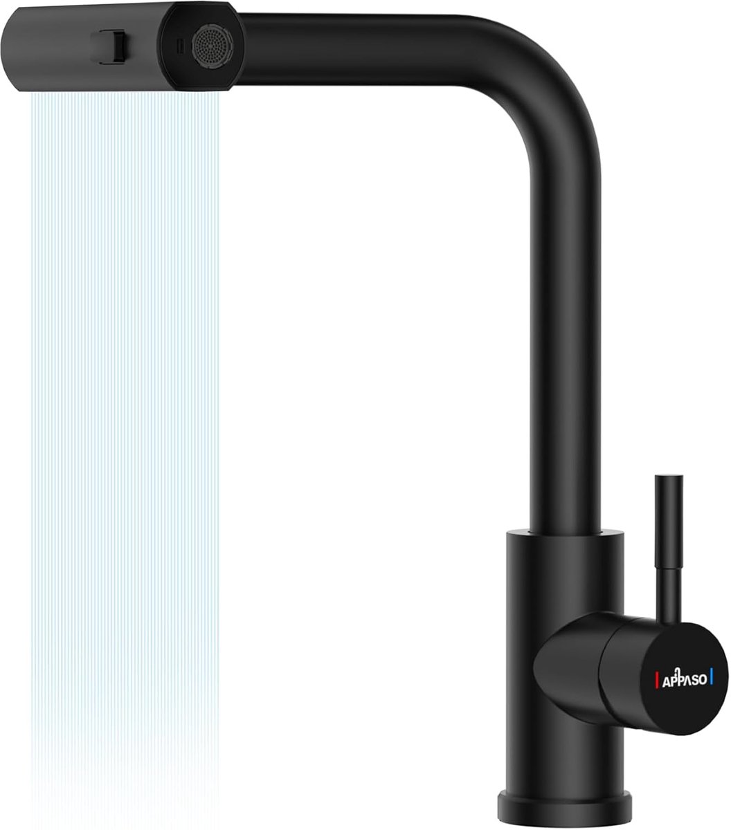 SnelShoppen - Waterfall Keuken Mengkraan Zwart met Uittrekbare Spray, Roestvrijstalen 360° Draaiende Enkelhandige Faucet, 3 Functies voor Keuken, 1 Ga