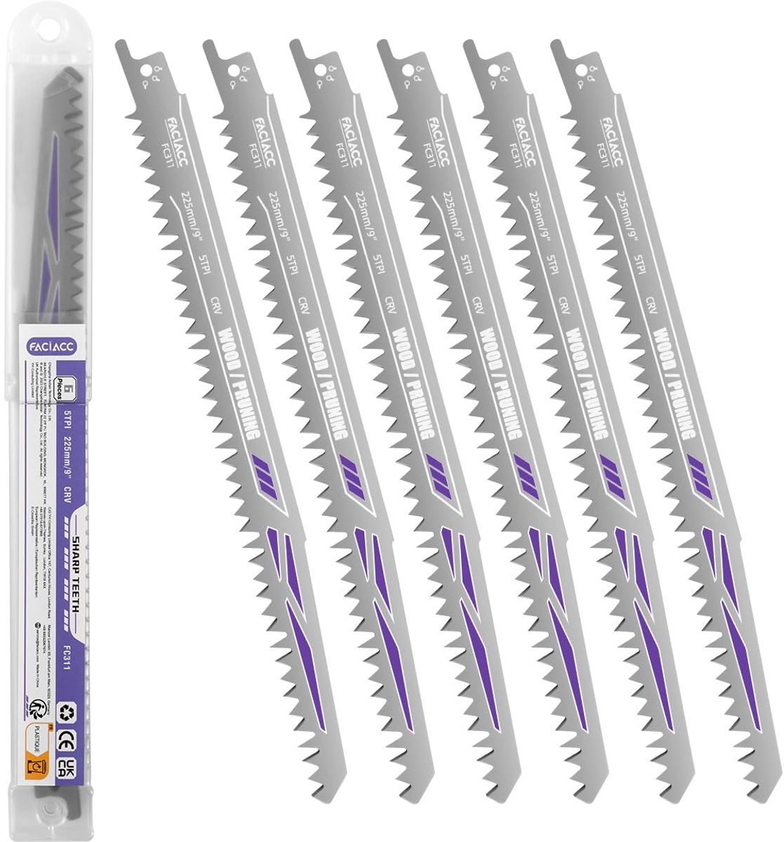 SnelShoppen - Set van 6 Reciprocating Saw Blades voor Hout en Plastic, 225 mm, 5TPI, Hoogwaardige Chrome Vanadium Staal, Snelle en Schone Snedes, Prun