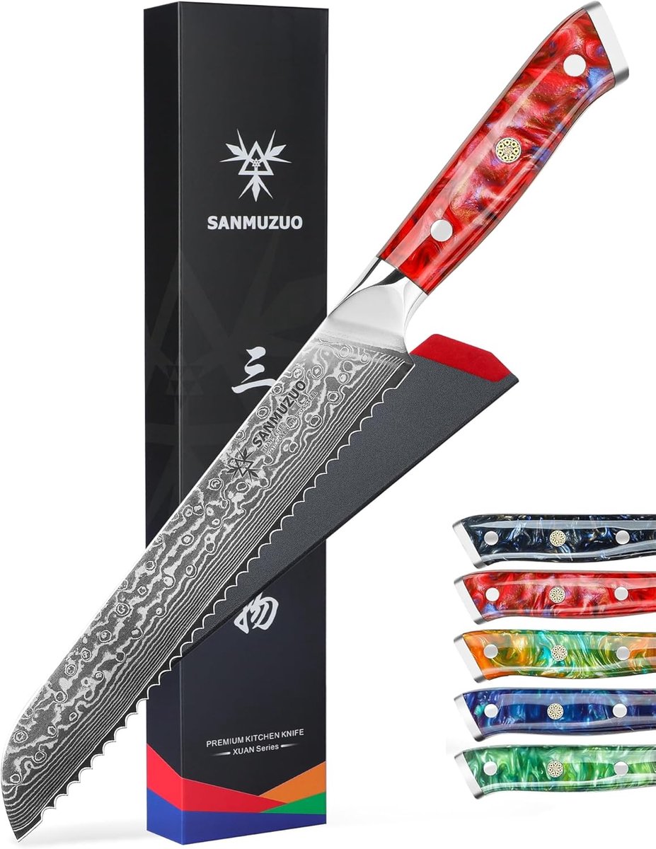 SnelShoppen - Professionele 20cm Serrated Broodmes - 67 Lagen Damaststaal VG10 - Slimme Snijblad voor Keuken - Fire Rose Red Handvat - Ideaal voor Bak