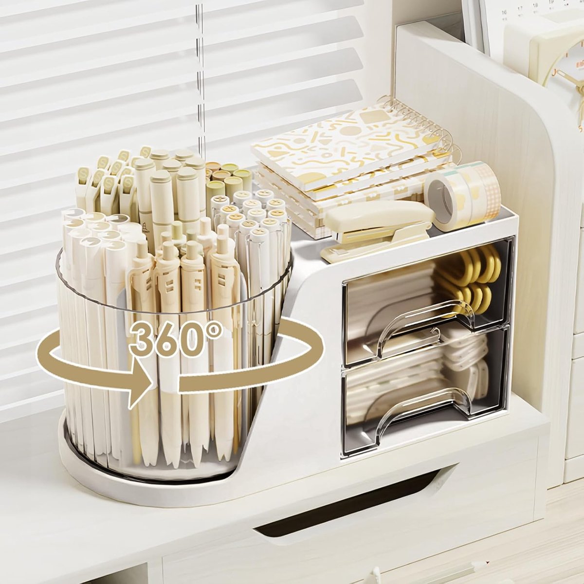 SnelShoppen - 360° Rotating Desk Organiser met 2 Lades, Multifunctionele Pennenhouder, Bureau Organizer, Make-up Borstel Organizer met 6 Compartimente