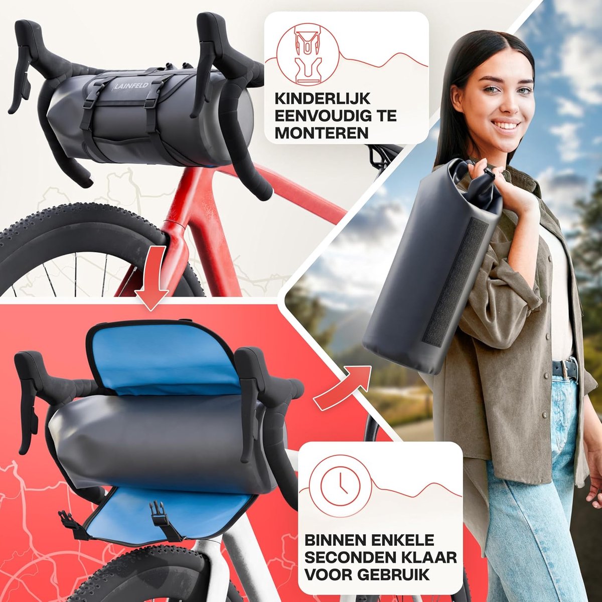 SnelShoppen - Fietshandvat Tas 8 Liter, 100% Waterdicht, Reflecterende Print, Afneembare Fietstas voor Bikepacking en MTB
