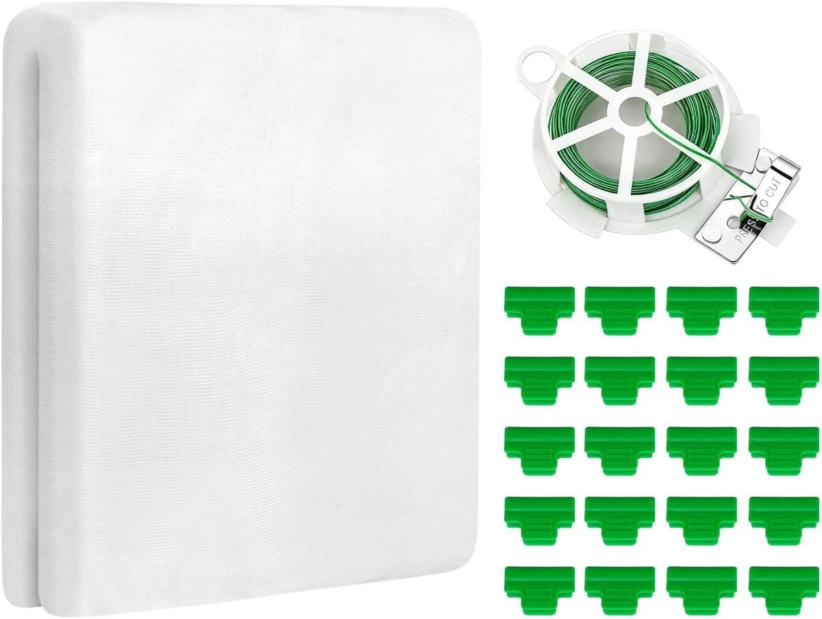 SnelShoppen - Insectenwerend net 2 x 5 m met 20 folieklemmen en 1 rol 20 m plantenband - Herbruikbaar groentebeschermingsnet voor bloembedden, fruitbo