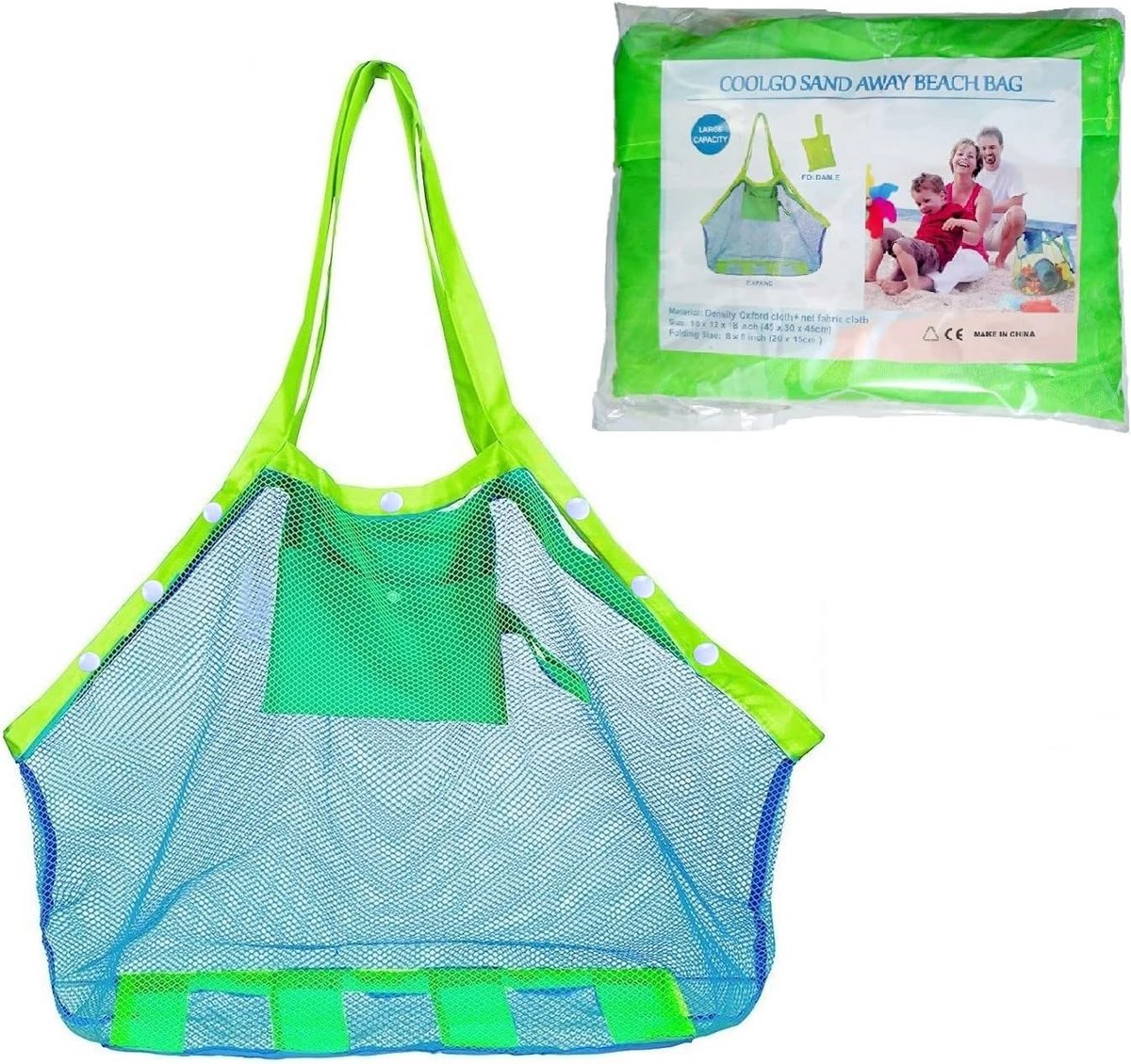 SnelShoppen - Mesh Strandtas XXL - Grote Opbergzak voor Zand- en Water Speelgoed - Vouwbare Badtas voor Kinderen - Perfect voor Vakantie, Groen