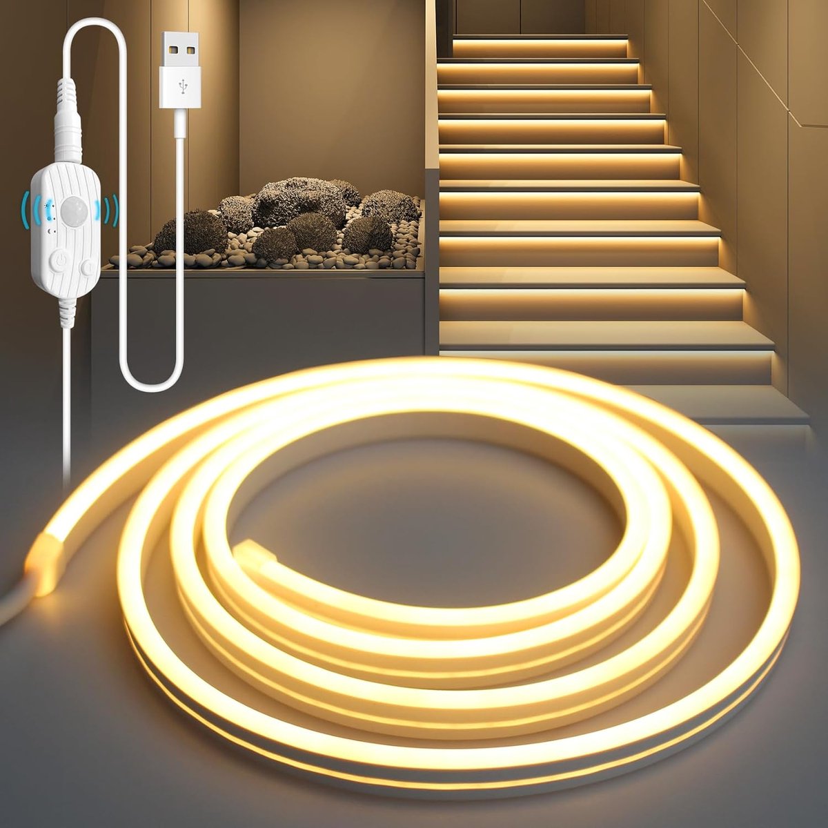 SnelShoppen - LED Strip met Bewegingssensor 2M Warm Licht Flexibel PVC Snoer, Instalatie voor Keuken, Trapverlichting met 3 Modi en Timerfunctie
