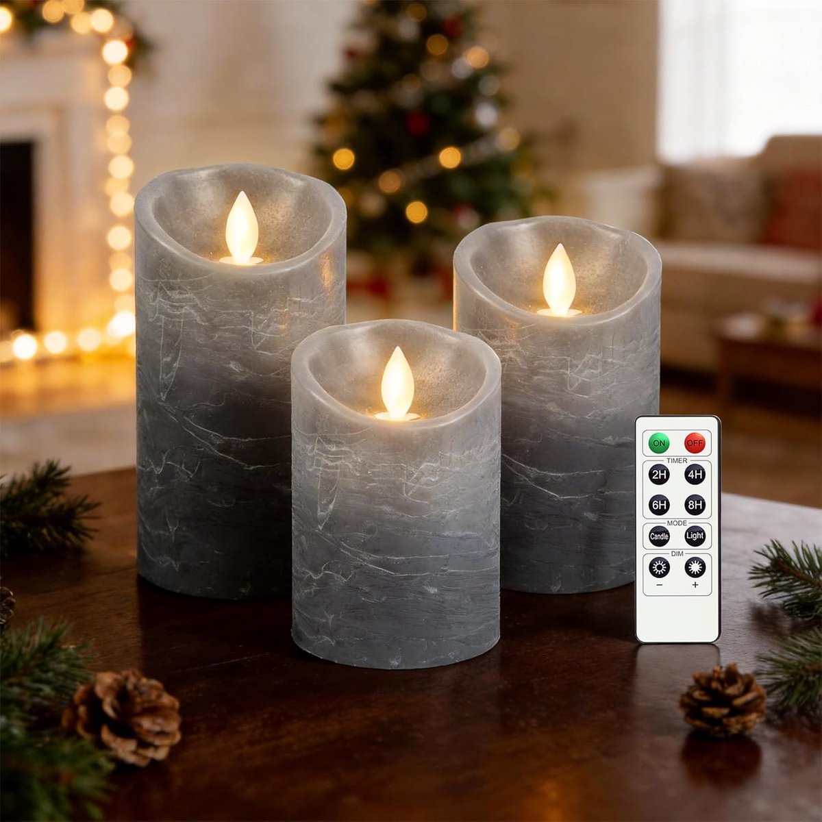 SnelShoppen - Set van 3 Grijze LED Kaarsen, Batterij Aangedreven, Afstandsbediening, Vlamloze Echte Was, Flicker Effect, Beweeglijke Wind, Amber Geel