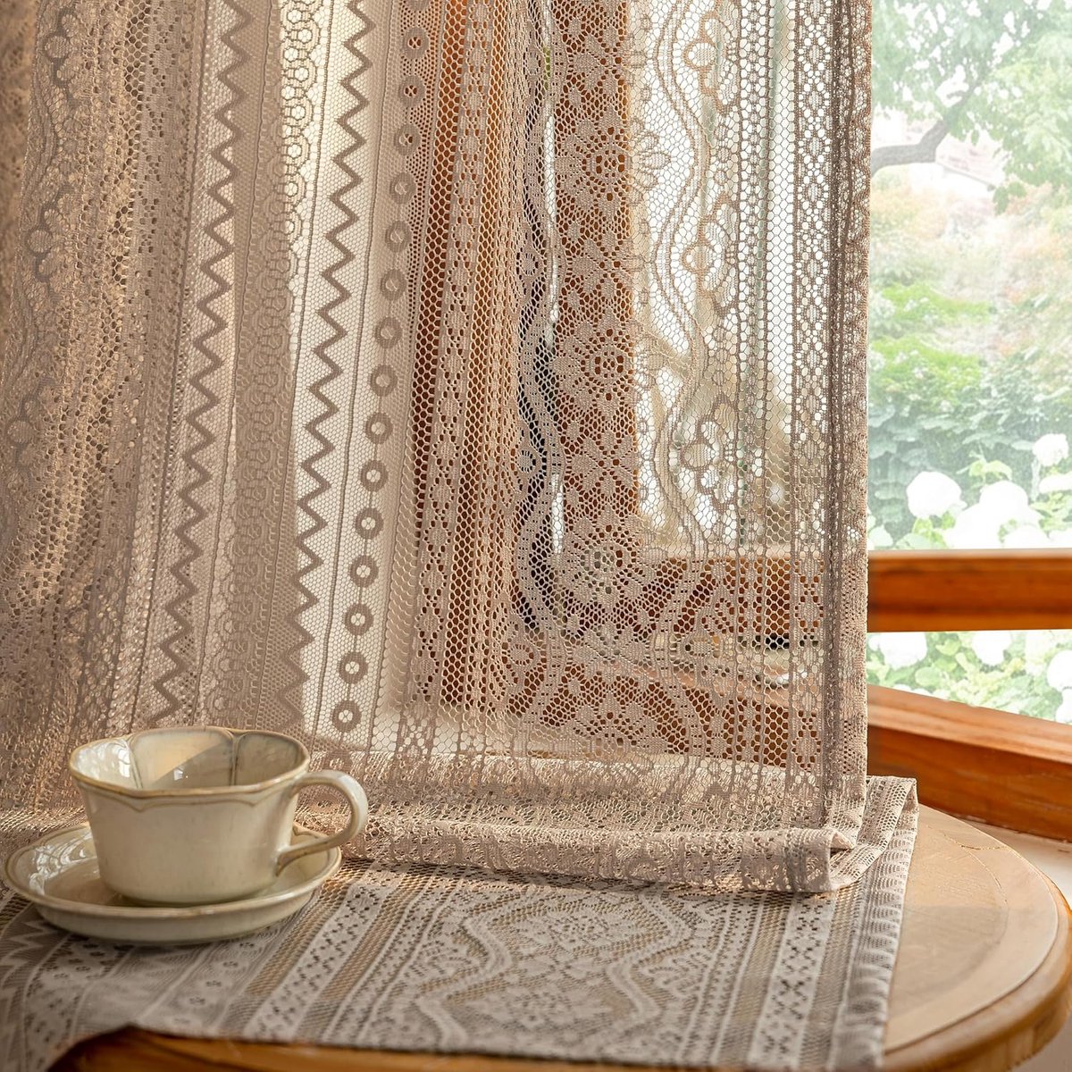 SnelShoppen - Boho Floral Lace Curtains Set van 2, Transparante Country Style Gordijnen voor Woonkamer, Slaapkamer, Eetkamer, H225 x W140 cm, Bruin