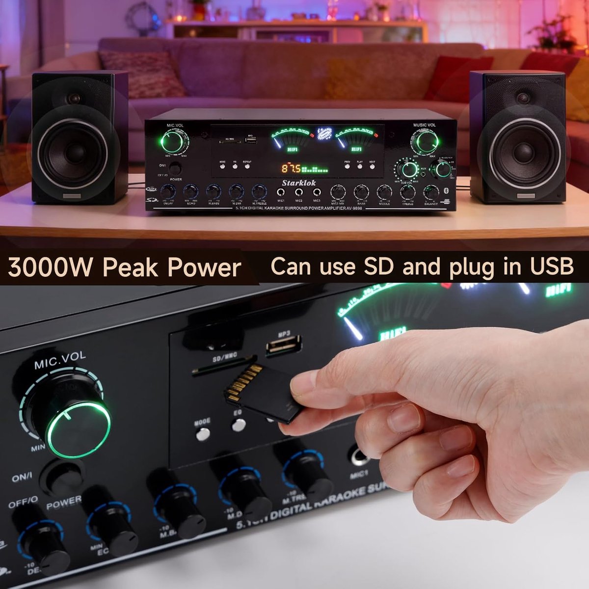 SnelShoppen - 3000W Peak Power 5.1 Kanaals HiFi Stereo Versterker met Bluetooth 5.0, USB/SD Display, Drie Microfoon Ingangen voor Thuisbioscoop, Muzie thumbnail 6