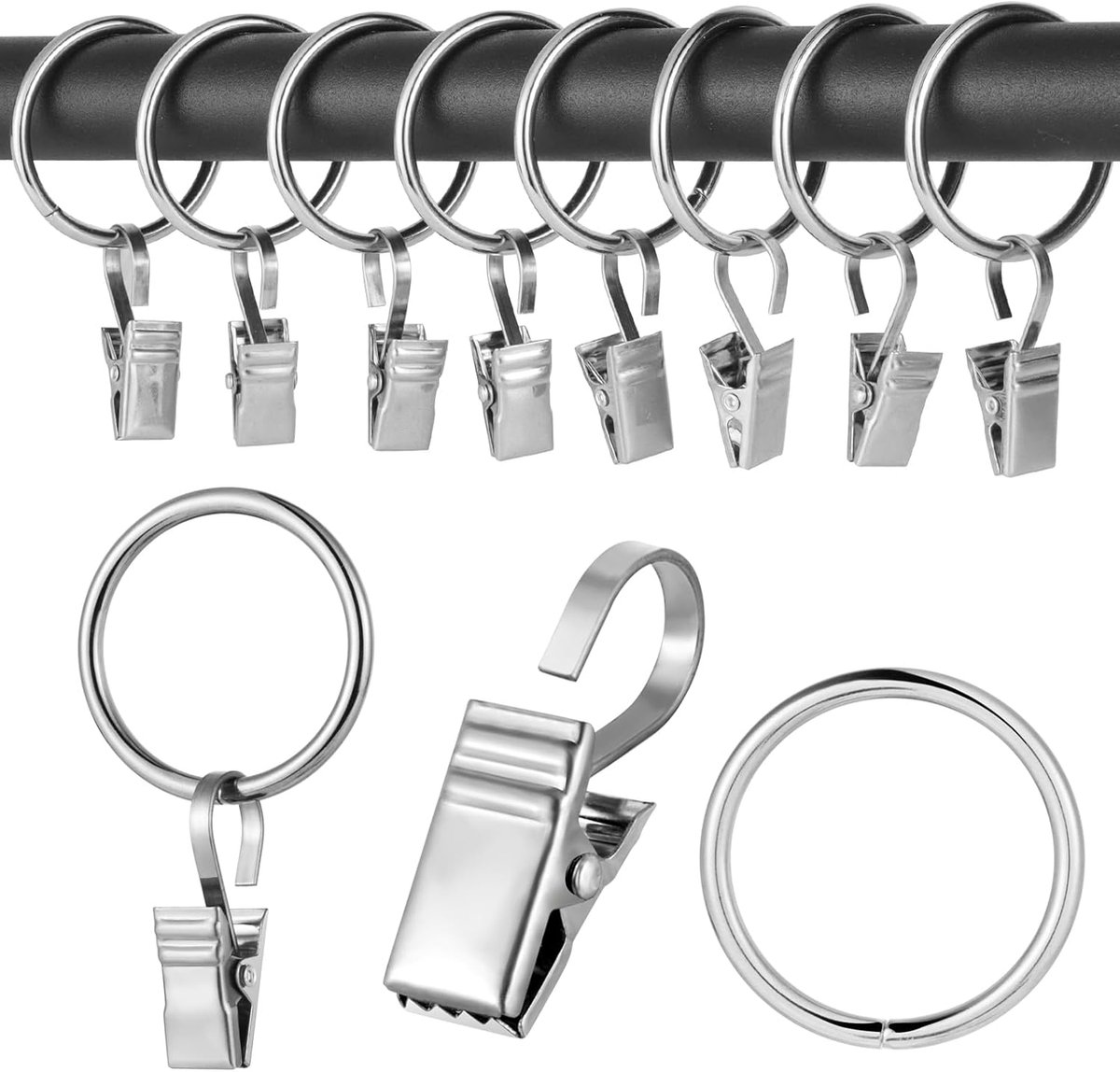 Thijox - 50 Pcs Gordijn Clips met Ringen Metaal, Roestvrij Staal Gordijn Clips met Haken Set, Douchegordijn Haken en Clips voor Badkamer, Venster en F