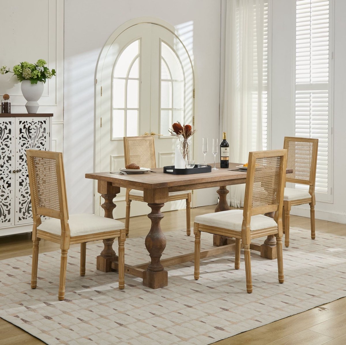MEUNIQ eetkamerstoel set van 2 53 x 50 x 98,5 cm met rotan rugleuning, linnen zitting en houten frame, Franse landhuisstijl voor eetkamer of keuken, beige