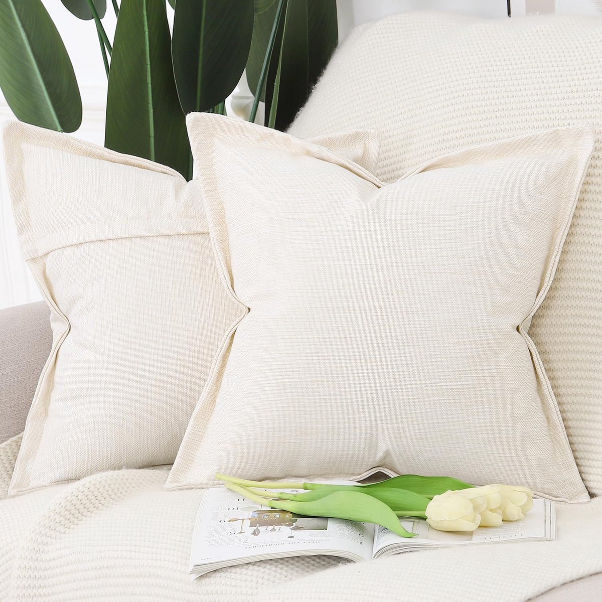 SnelShoppen - Set van 2 Imitatie Linnen Kussenslopen 60x60cm - Zachte Decoratieve Kussenhoezen met Brede Rand voor Sofa en Slaapkamer - Ivoor Kleur -