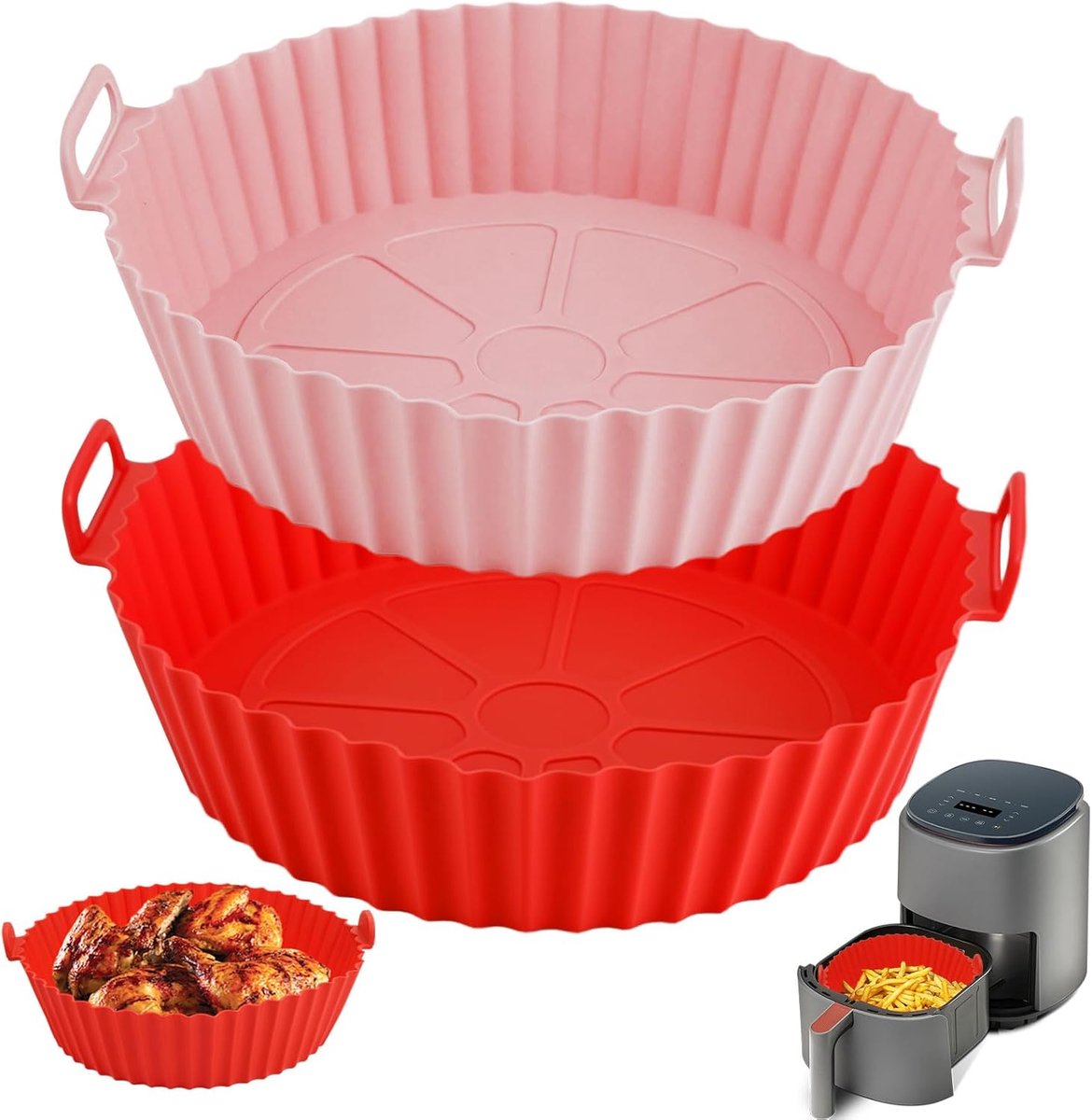 SnelShoppen - Air Fryer Silicone Moulds Set van 2, Herbruikbare Silicone Bakvormen voor Airfryer, Magnetron en Oven, Rond, 19 cm, Roze en Rood