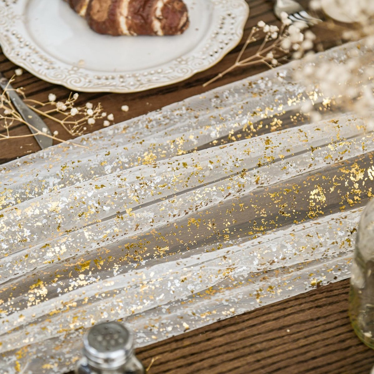 SnelShoppen - Tulle Glitter Foil Beige Gouden Tafelloper 70x300cm - Elegant Tafeldecoratie voor Feest, Verjaardag, Bruiloft, Binnen, Keuken