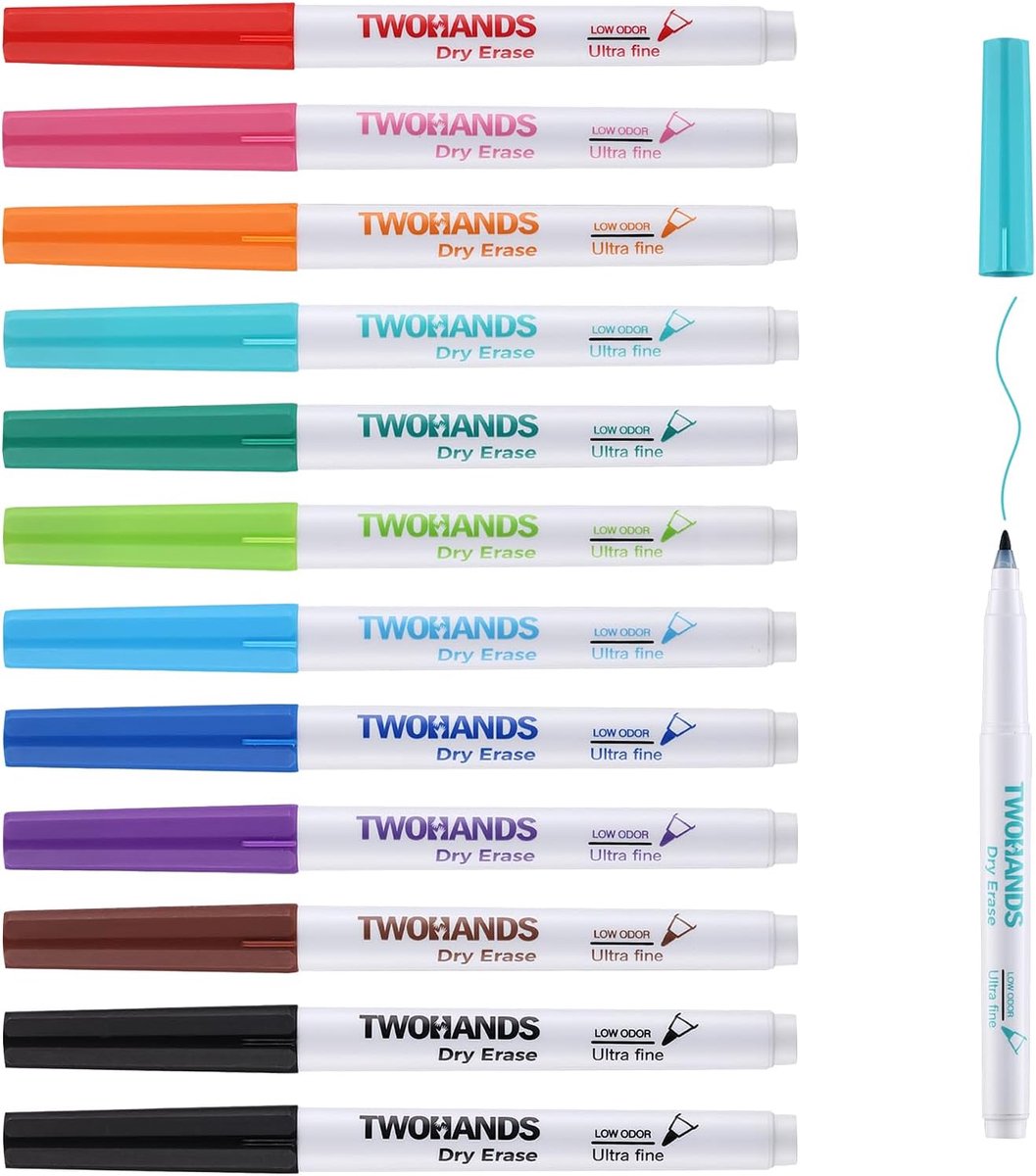 SnelShoppen - Ultra Fijne Tip Whiteboard Markers 12 Stuks - Drooguitwisbare Stiften - 0.7mm Viltstift Set - 11 Kleuren voor Kantoor, Thuis, School