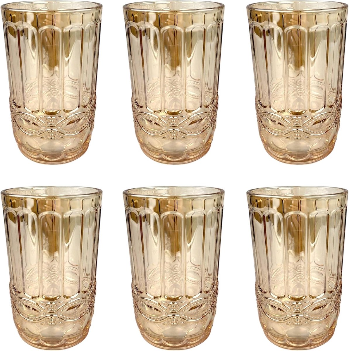SnelShoppen - Vintage Set van 6 Gekleurde Wijnglazen en Drinkglazen met Gegraveerde Motieven, Goudglans, Perfect voor Feestjes, Tuin, Cocktails en Wat