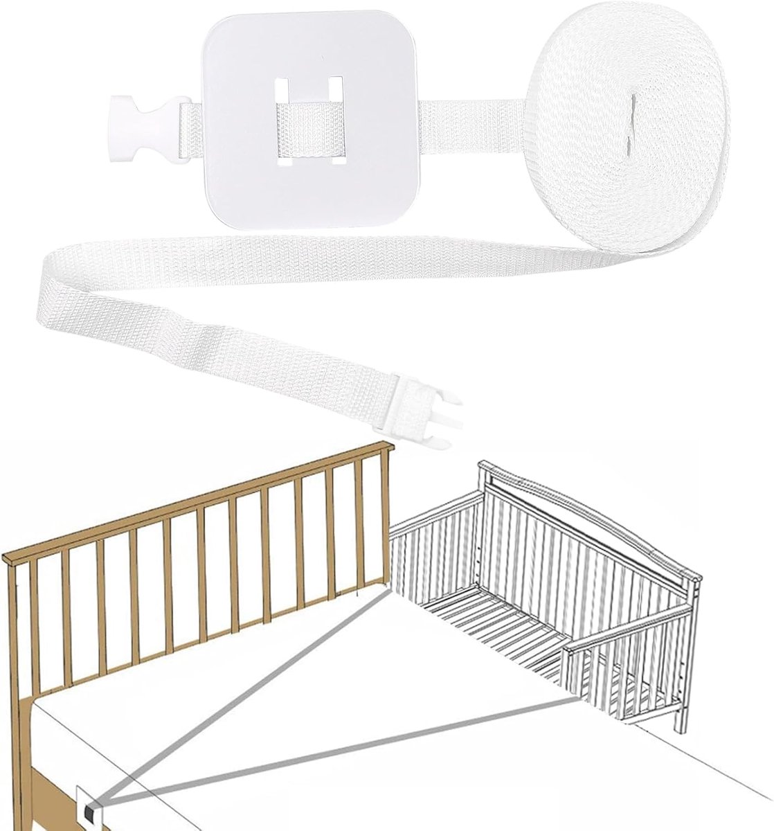 SnelShoppen - 8 m Babybedriem, Flexibele Bevestiging, Witte Boxspringbedriem voor Veiligheid en Comfort, Stabiele Kantenriem voor Peuters en Baby's