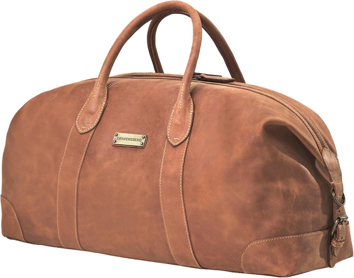 SnelShoppen - DRAKENSBERG Weekender 'David' - Lederen Reistas voor Mannen en Vrouwen in Vintage Design, Uitbreidbaar, 60L, Cognac-bruin (55cm)