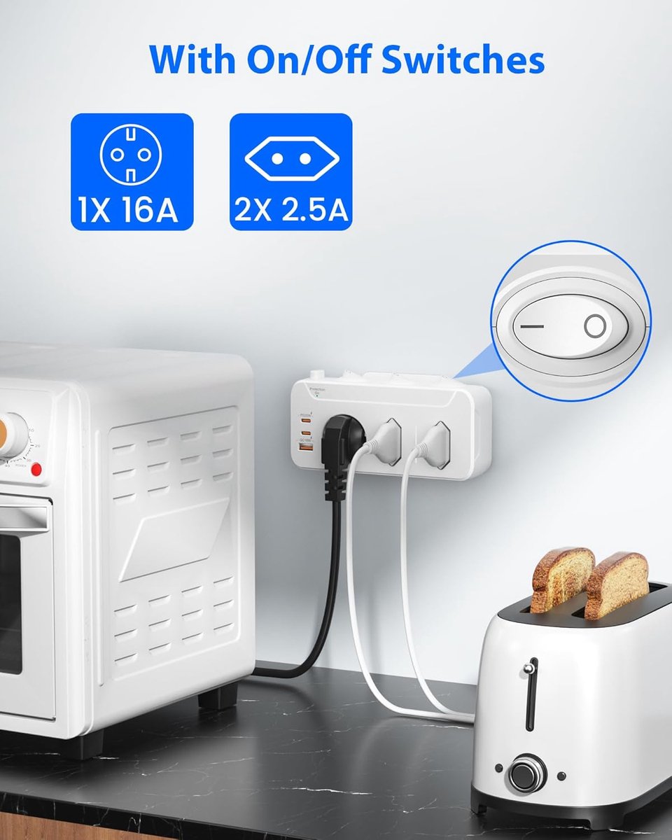 SnelShoppen - Socket Splitter 3 Gang, Stekkerdoos met Schakelaar, 3 Adapter Sockets voor 1 Schuko Plug & 2 Euro Plugs, USB C Charger, Wit
