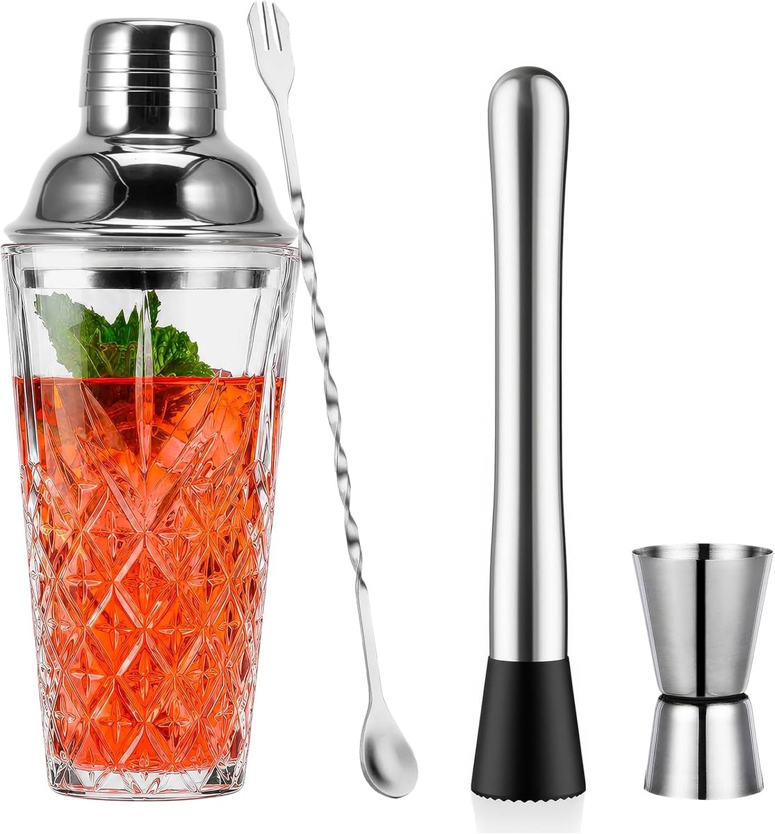 Thijox - Cocktailshaker Set 4 Stuks - Boston Shaker met Lekvrij RVS Deksel, Maatglas, Roerstaaf en Ijshamer - Ideaal voor Thuis en Bar - Professioneel