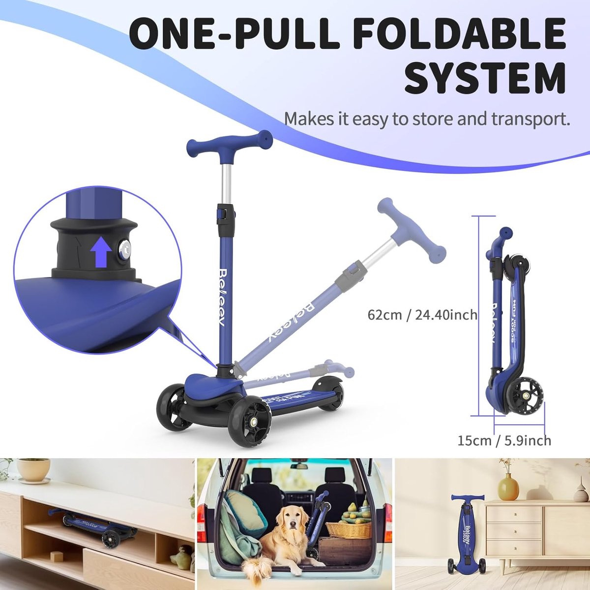 SnelShoppen - Foldable Kinder Scooter voor Jongens en Meisjes 3-12 Jaar, 3-Wiel Kick Scooter met Verstelbare Hoogte, LED Verlichte Wielen, Extra Brede