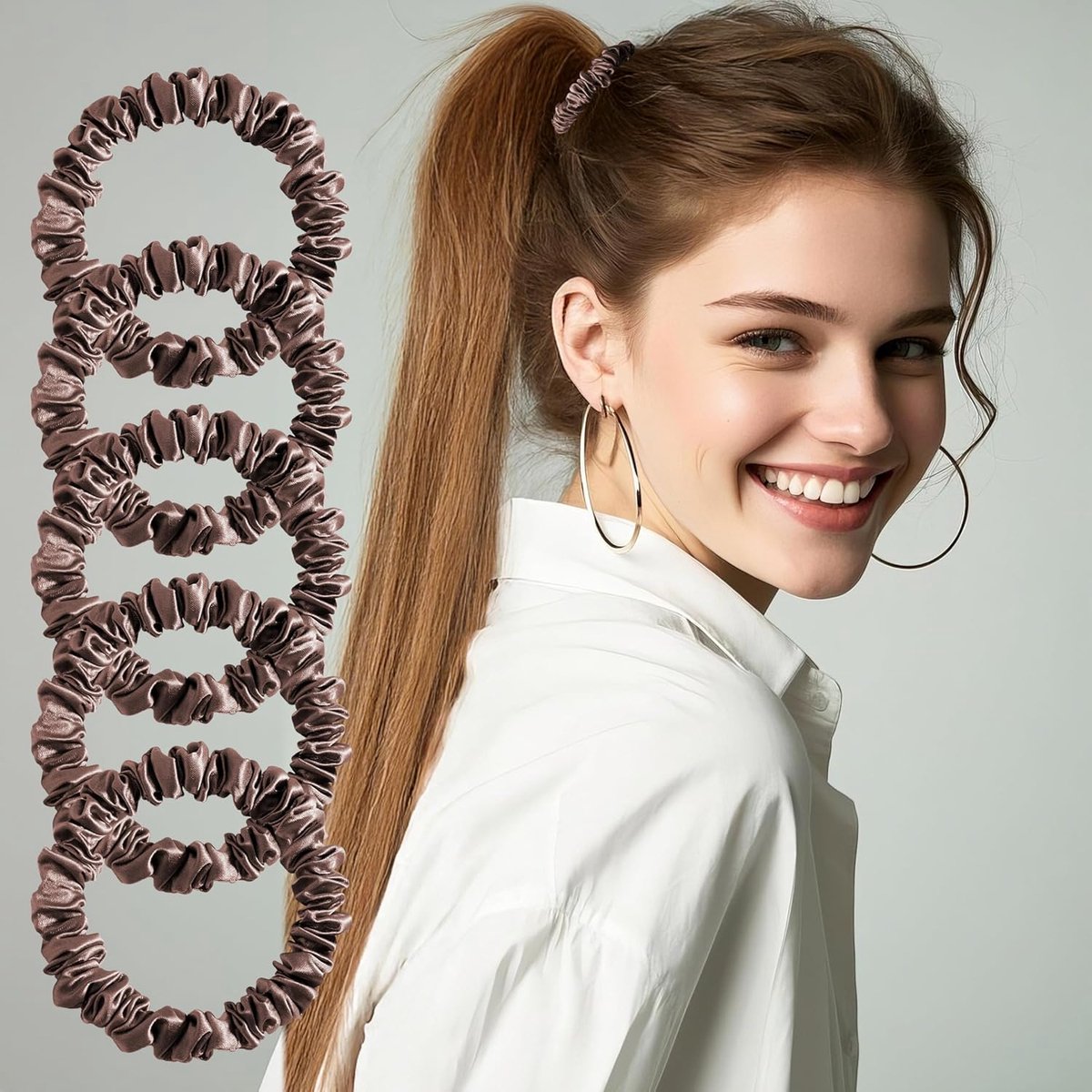 SnelShoppen - Silk Scrunchies 100% Pure 22 Momme Mulberry Silk Haarbanden voor Vrouwen - Luxe Elastische Haaraccessoires Set van 5 Stuks Bruin