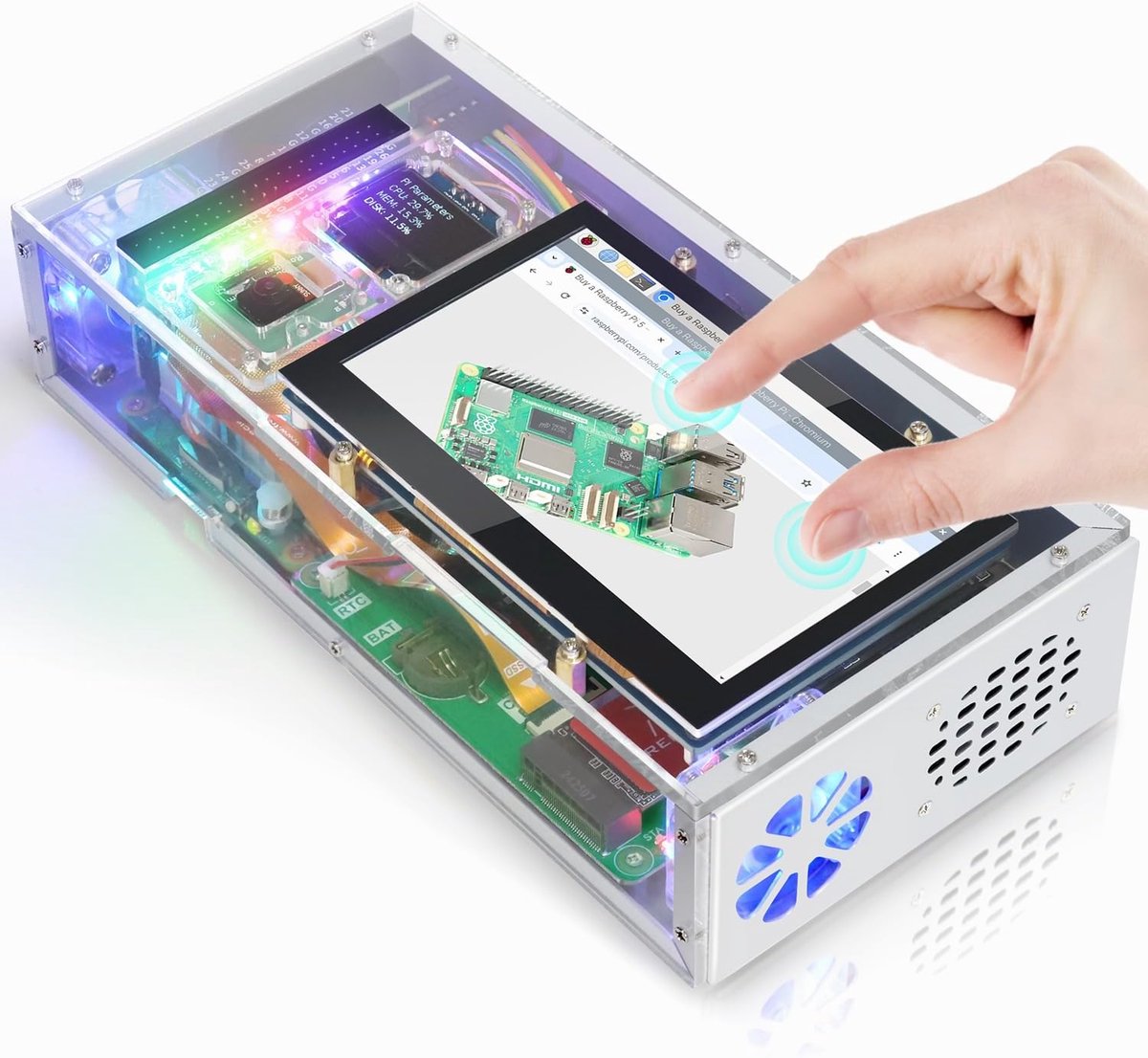 SnelShoppen - Computer Case Kit voor Raspberry Pi 5, 128GB M.2 NVMe SSD 800MB/s, 4.3 Inch Touchscreen, 5MP Camera, OLED Scherm, Stereo Speakers, Audio