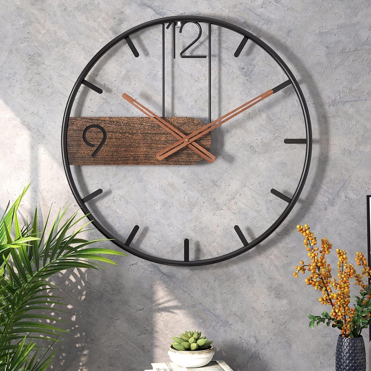 SnelShoppen - Vintage Grote Wandklok 40cm - Stille Batterij Klok - Zwart en Bruin Metaal en Walnoot - Decoratie voor Woonkamer, Keuken en Slaapkamer