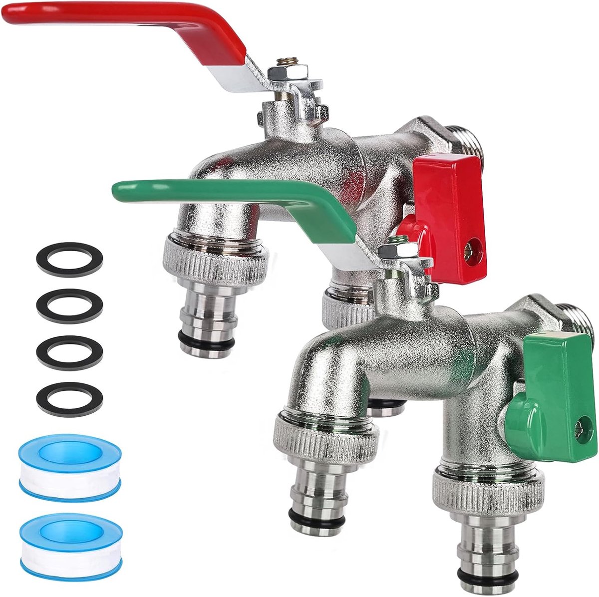SnelShoppen - Set van 2 Tuin Waterkranen 1/2 Inch, Premium Dubbele Kraan met 4 x 3/4 Inch Aansluitingen, Frost-bestendig, Ideaal voor Tuin, Camping en