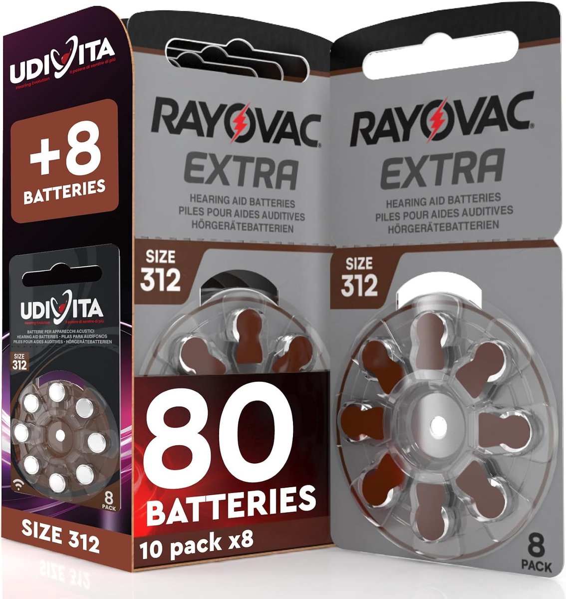 SnelShoppen - 80 Hoorapparaat Batterijen Maat 312 + 8 Udivita - 10+1 Stuks Zinc Air Voor Hoorapparaten, 1.45V, 180 mAh, Kwikvrij, Ideaal Voor Dagelijk