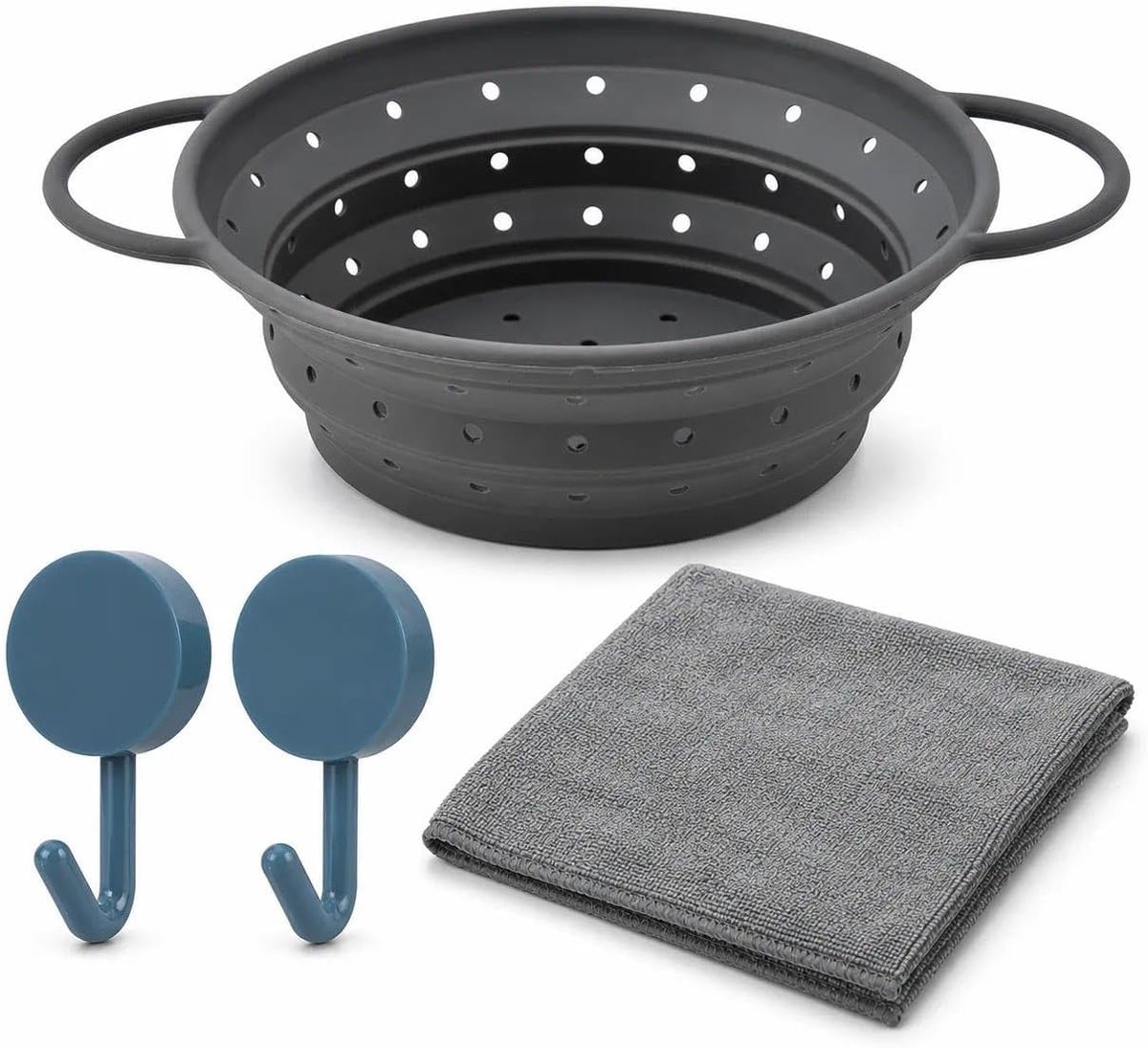 SnelShoppen - Opvouwbare Pastazeef, Vouwzeef voor Groenten en Fruit, Hittebestendig Siliconen, BPA-vrij, Inclusief 2 Blauw Belastingshaken en 30x30 cm