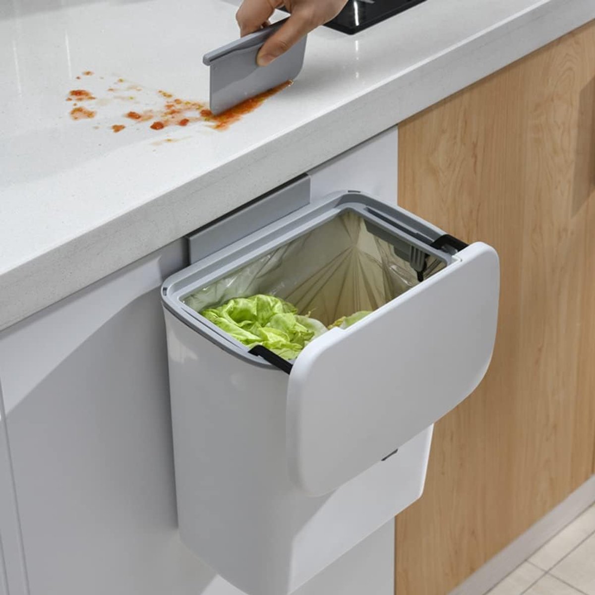 SnelShoppen - Hangende Afvalemmer Keuken met Deksel, Wandafvalemmer 29,5x16x26 cm, Grijs, Perfect voor Kastdeuren, Badkamer, Camping, Duurzaam Materia