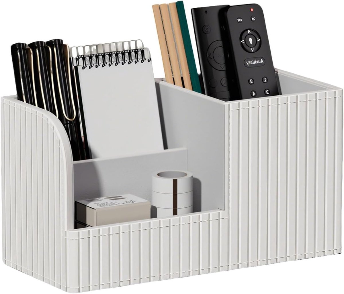 SnelShoppen - PU-lederen pennenorganizer met 3 vakken, luxe pennenhouder bureau-organizer, esthetisch design, wit, voor kantoor en thuisgebruik