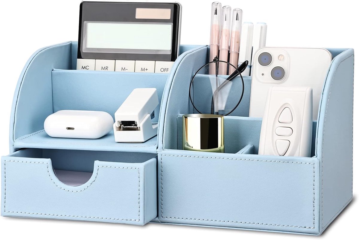 SnelShoppen - Desk Organizer - Multifunctionele Bureau Organizer met 7 Vakken - PU Leer - Blauw - Perfect voor Kantoor en Thuis